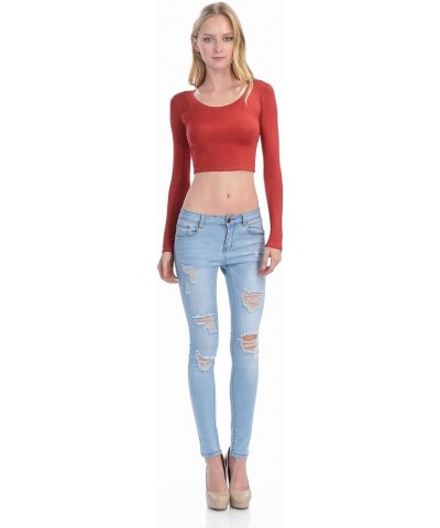 Womens Long Sleeve Crop Top Solid Round Neck T Shirt 224_rust $14.15 T-Shirts