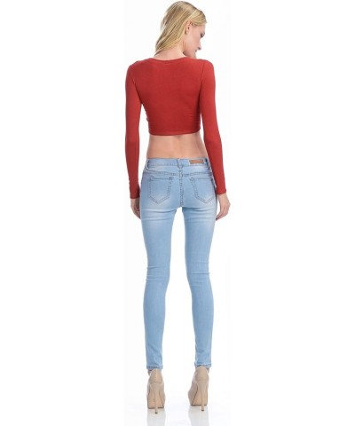 Womens Long Sleeve Crop Top Solid Round Neck T Shirt 224_rust $14.15 T-Shirts