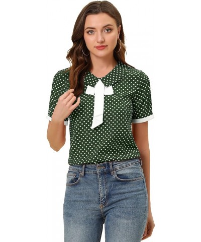 Polka Dots Blouse for Women's Contrast Tie Peter Pan Collar Vintage Shirt Dark Green $12.42 Blouses