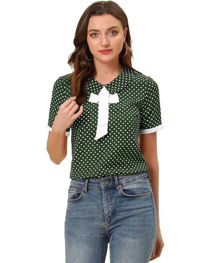 Polka Dots Blouse for Women's Contrast Tie Peter Pan Collar Vintage Shirt Dark Green $12.42 Blouses