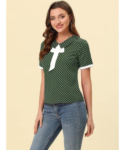 Polka Dots Blouse for Women's Contrast Tie Peter Pan Collar Vintage Shirt Dark Green $12.42 Blouses