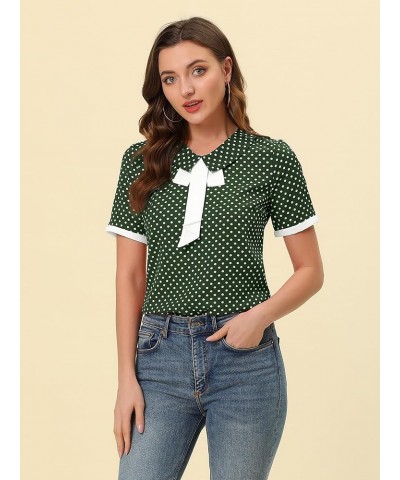 Polka Dots Blouse for Women's Contrast Tie Peter Pan Collar Vintage Shirt Dark Green $12.42 Blouses