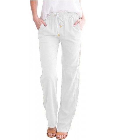 Wide Leg Linen Pants for Women Summer High Waist Drawstring Straight Pants Baggy Comfy Cotton Palazzo Trousers H-white $10.46...