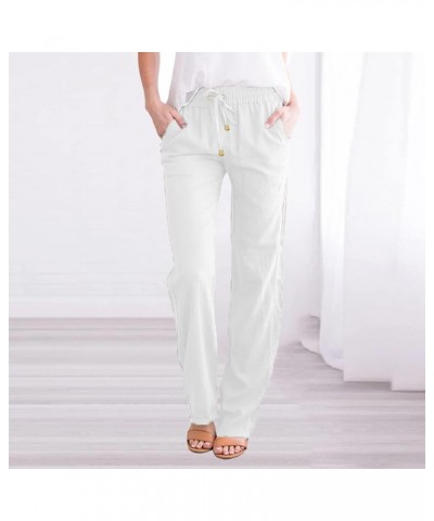 Wide Leg Linen Pants for Women Summer High Waist Drawstring Straight Pants Baggy Comfy Cotton Palazzo Trousers H-white $10.46...