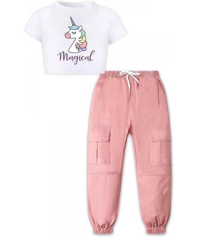 Girls 2 Piece Outfits, Cute Short Sleeve Crop Top Cargo Pants Trendy Clothing Sets, 4T-14 Years White Letters+pink $14.40 Act...