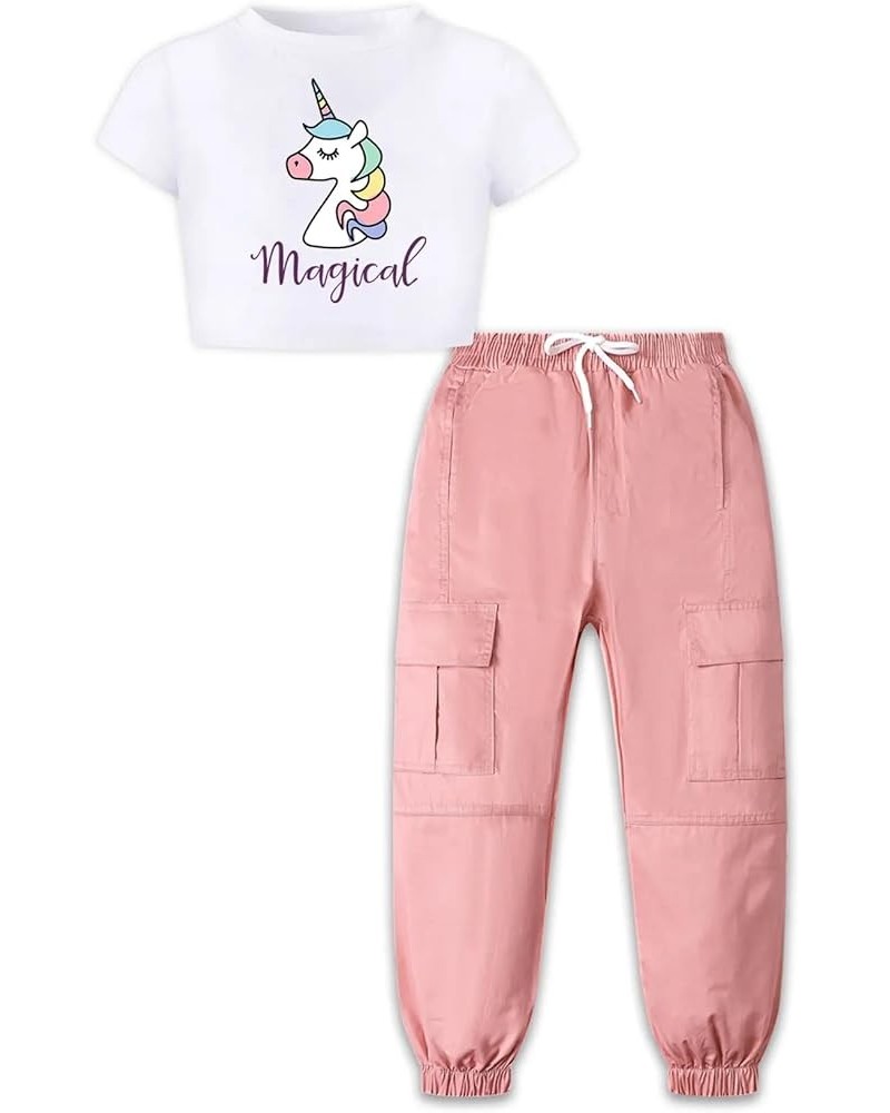 Girls 2 Piece Outfits, Cute Short Sleeve Crop Top Cargo Pants Trendy Clothing Sets, 4T-14 Years White Letters+pink $14.40 Act...