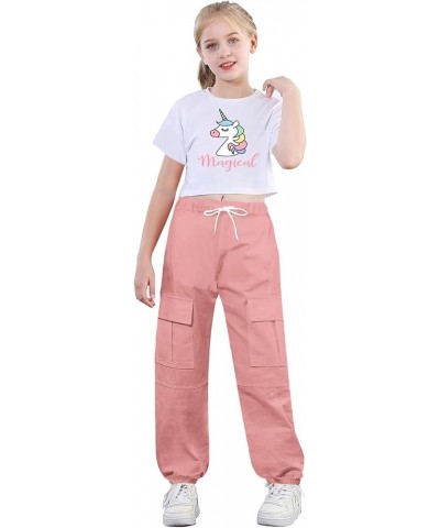 Girls 2 Piece Outfits, Cute Short Sleeve Crop Top Cargo Pants Trendy Clothing Sets, 4T-14 Years White Letters+pink $14.40 Act...