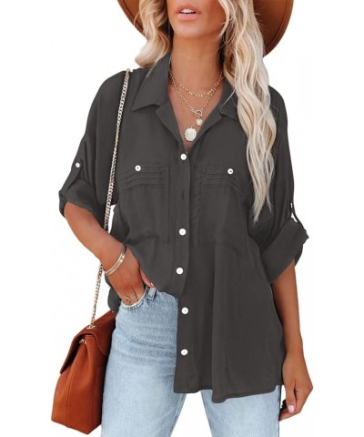 Womens Button Down V Neck Shirts Long Sleeve Office Casual Business Plain Blouses Tops Deep Gray $19.40 Blouses