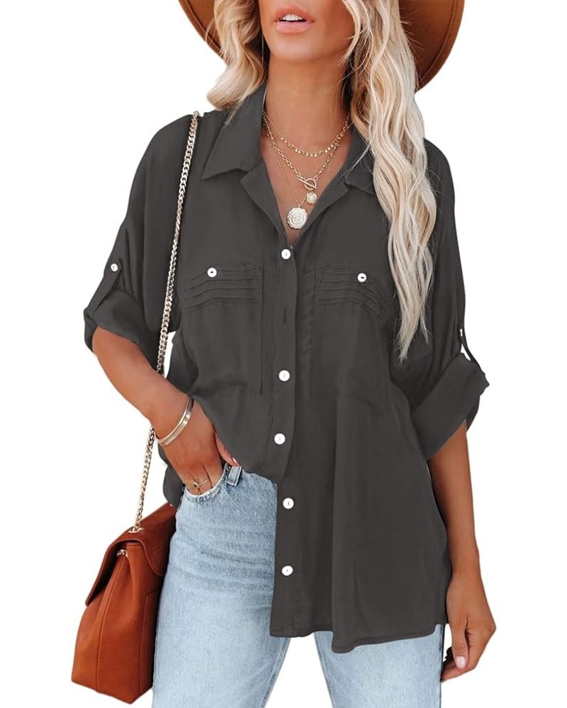 Womens Button Down V Neck Shirts Long Sleeve Office Casual Business Plain Blouses Tops Deep Gray $19.40 Blouses