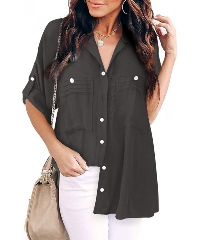 Womens Button Down V Neck Shirts Long Sleeve Office Casual Business Plain Blouses Tops Deep Gray $19.40 Blouses