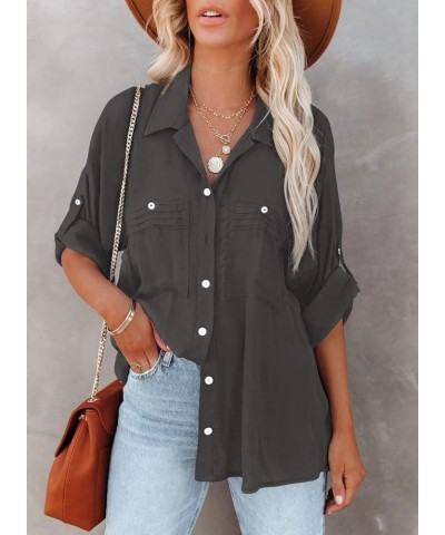 Womens Button Down V Neck Shirts Long Sleeve Office Casual Business Plain Blouses Tops Deep Gray $19.40 Blouses