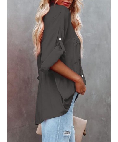 Womens Button Down V Neck Shirts Long Sleeve Office Casual Business Plain Blouses Tops Deep Gray $19.40 Blouses