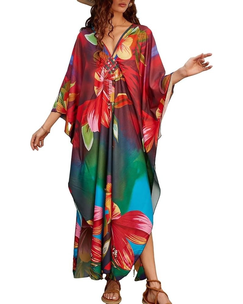 V Neck Summer Dresses for Women Plus Size Dresses Casual Batwing Sleeve Maxi Bohemian Dress Colorful Floral $14.28 Dresses