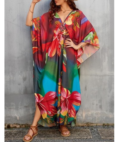 V Neck Summer Dresses for Women Plus Size Dresses Casual Batwing Sleeve Maxi Bohemian Dress Colorful Floral $14.28 Dresses