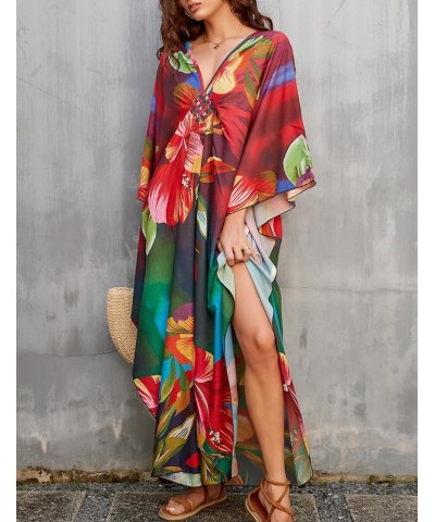 V Neck Summer Dresses for Women Plus Size Dresses Casual Batwing Sleeve Maxi Bohemian Dress Colorful Floral $14.28 Dresses