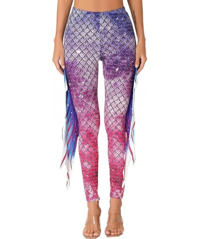 Womens Halloween Shiny Fish Scale Mermaid Leggings Stretch Soft Tight Pants Pink&purple $10.81 Leggings