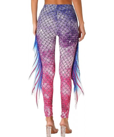 Womens Halloween Shiny Fish Scale Mermaid Leggings Stretch Soft Tight Pants Pink&purple $10.81 Leggings