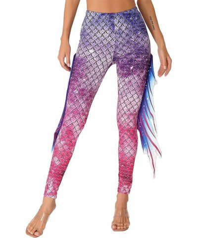 Womens Halloween Shiny Fish Scale Mermaid Leggings Stretch Soft Tight Pants Pink&purple $10.81 Leggings