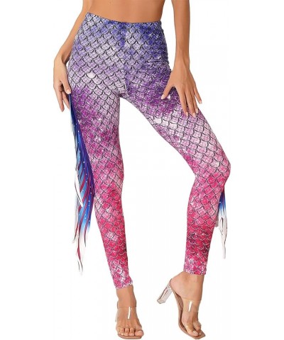 Womens Halloween Shiny Fish Scale Mermaid Leggings Stretch Soft Tight Pants Pink&purple $10.81 Leggings