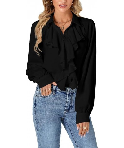 Women's Fall Long Sleeve Collar V Neck Button Down Ruffle Blouse Victorian Shirt Tops Black $16.32 Blouses