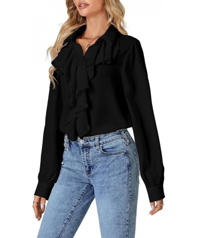 Women's Fall Long Sleeve Collar V Neck Button Down Ruffle Blouse Victorian Shirt Tops Black $16.32 Blouses