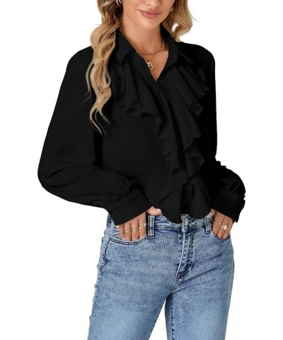 Women's Fall Long Sleeve Collar V Neck Button Down Ruffle Blouse Victorian Shirt Tops Black $16.32 Blouses