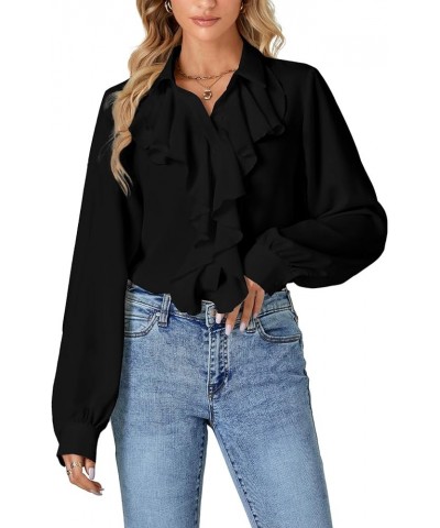 Women's Fall Long Sleeve Collar V Neck Button Down Ruffle Blouse Victorian Shirt Tops Black $16.32 Blouses