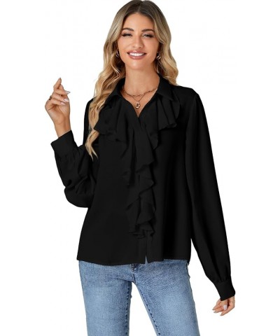 Women's Fall Long Sleeve Collar V Neck Button Down Ruffle Blouse Victorian Shirt Tops Black $16.32 Blouses