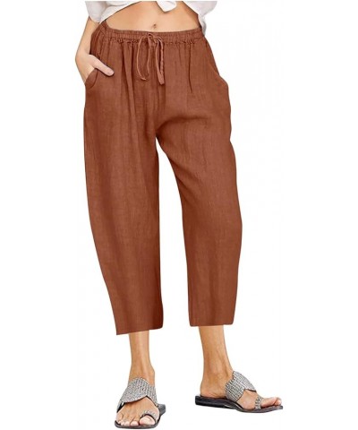 Women Cotton Linen Capris Casual Summer High Waisted Drawstring Carpi Pants Loose Comfy Cropped Trousers 010 Orange $7.54 Pants