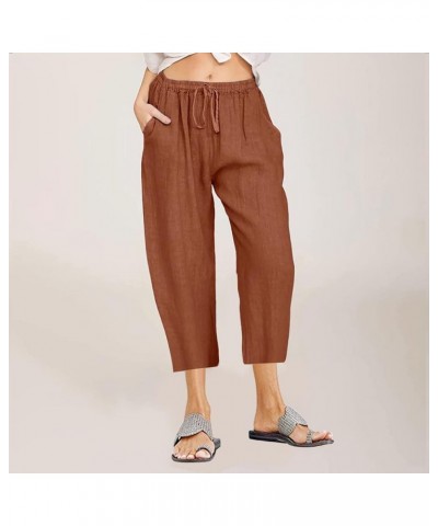 Women Cotton Linen Capris Casual Summer High Waisted Drawstring Carpi Pants Loose Comfy Cropped Trousers 010 Orange $7.54 Pants