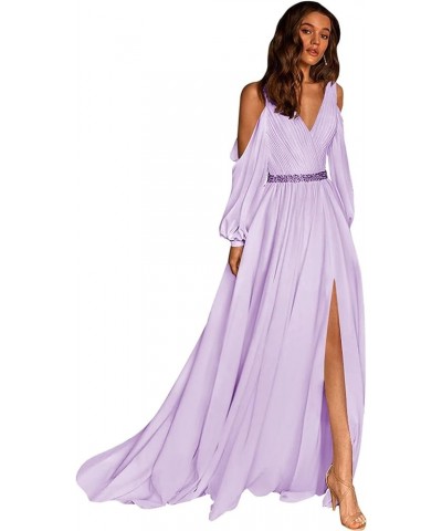 Long Sleeve Prom Dresses for Women Chiffon Off Shoulder Slit Formal Evening Gowns Bridesmaid Dress Lilac $31.79 Dresses