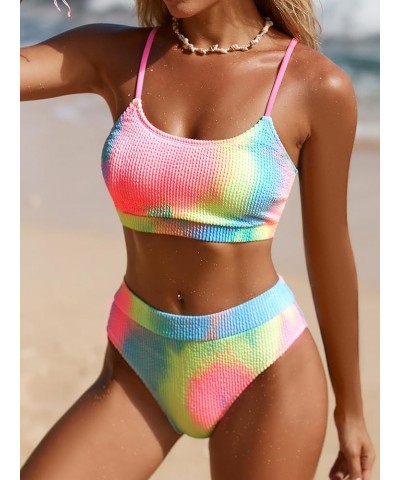 Women's Bikini Set Two Piece Swimsuits High Waisted Scoop Neck Spaghetti Adjustable Straps Textured Candy Rainbow $18.62 Swim...