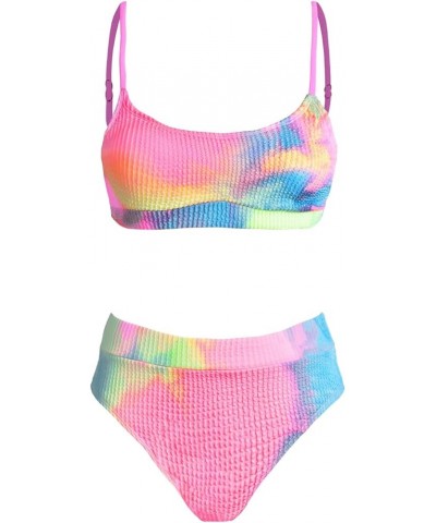 Women's Bikini Set Two Piece Swimsuits High Waisted Scoop Neck Spaghetti Adjustable Straps Textured Candy Rainbow $18.62 Swim...