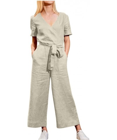 Women Loose Casual Jumpsuits V Neck Solid Stretchy Wide Leg Long Rompers with Pockets Loose Overalls with Drawstring Beige $7...