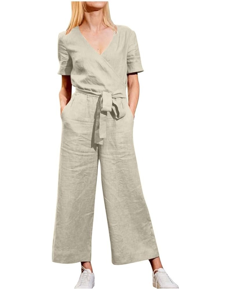 Women Loose Casual Jumpsuits V Neck Solid Stretchy Wide Leg Long Rompers with Pockets Loose Overalls with Drawstring Beige $7...