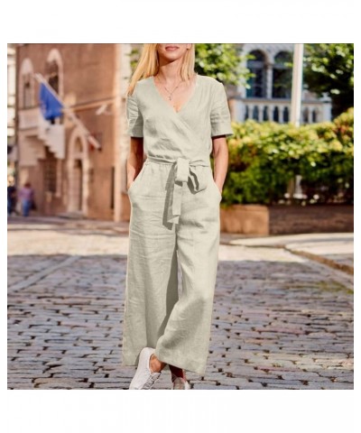 Women Loose Casual Jumpsuits V Neck Solid Stretchy Wide Leg Long Rompers with Pockets Loose Overalls with Drawstring Beige $7...