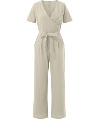 Women Loose Casual Jumpsuits V Neck Solid Stretchy Wide Leg Long Rompers with Pockets Loose Overalls with Drawstring Beige $7...