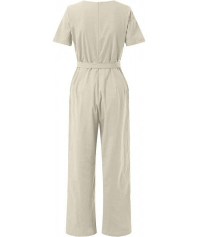 Women Loose Casual Jumpsuits V Neck Solid Stretchy Wide Leg Long Rompers with Pockets Loose Overalls with Drawstring Beige $7...