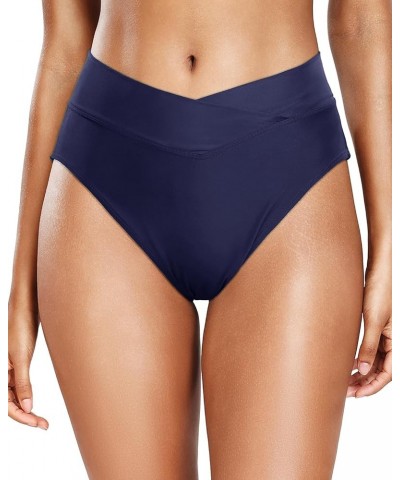 Women High Waisted Swim Bottoms V Crossover Bikini Bottoms High Cut Swimsuit Bottom Navy Blue $13.91 Swimsuits