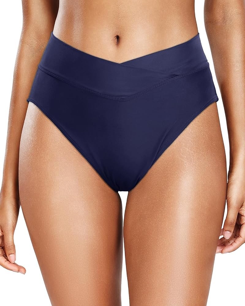 Women High Waisted Swim Bottoms V Crossover Bikini Bottoms High Cut Swimsuit Bottom Navy Blue $13.91 Swimsuits