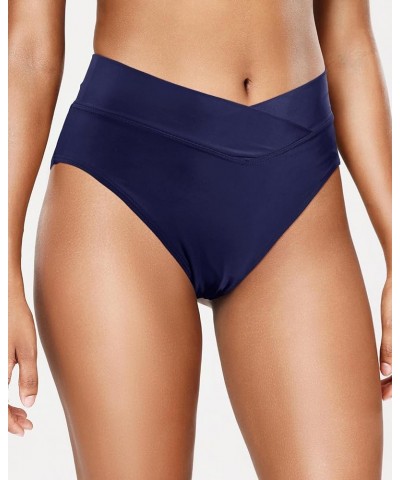 Women High Waisted Swim Bottoms V Crossover Bikini Bottoms High Cut Swimsuit Bottom Navy Blue $13.91 Swimsuits