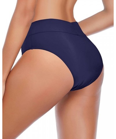 Women High Waisted Swim Bottoms V Crossover Bikini Bottoms High Cut Swimsuit Bottom Navy Blue $13.91 Swimsuits