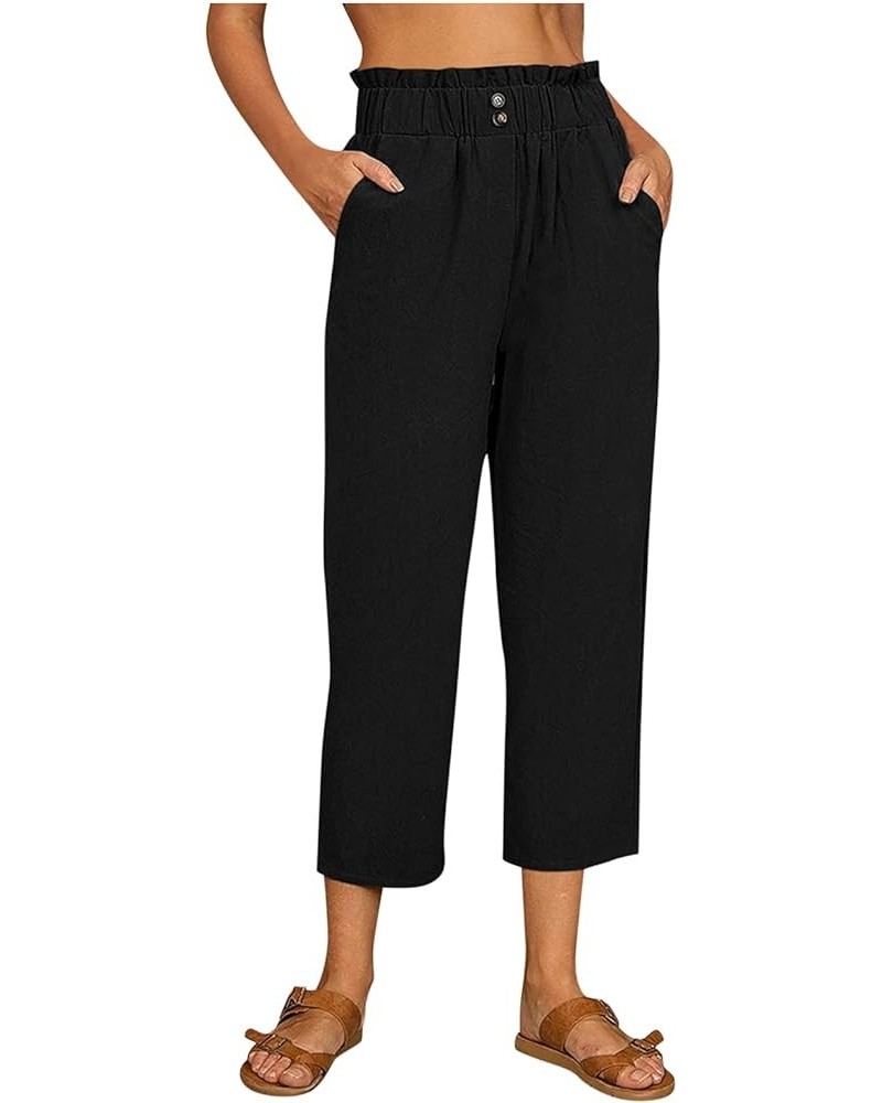 Capris Pants for Women Casual Summer Cotton Linen 3/4 Pants Wide Leg Capris Lightweight Baggy Cropped Lounge Trousers Z1-blac...