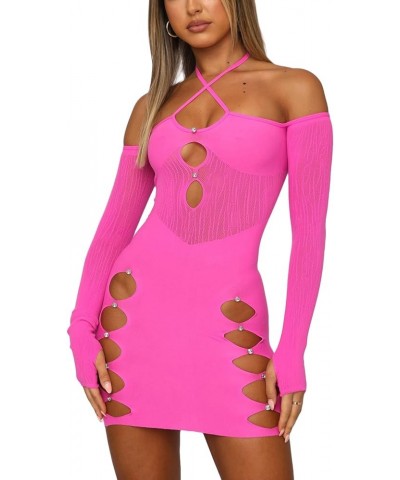 Women Sexy Halter Hollow Out Bodycon Mini Dresses Long Sleeve Off Shoulder See Through Party Skinny Short Dress Pink $8.95 Dr...