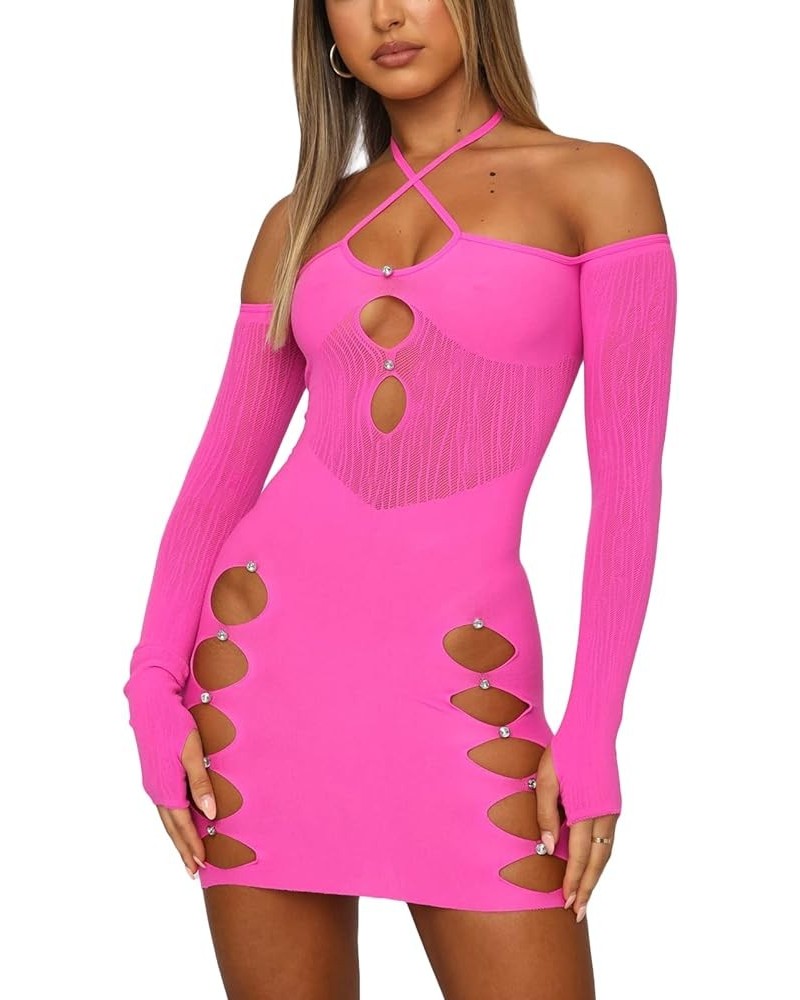 Women Sexy Halter Hollow Out Bodycon Mini Dresses Long Sleeve Off Shoulder See Through Party Skinny Short Dress Pink $8.95 Dr...