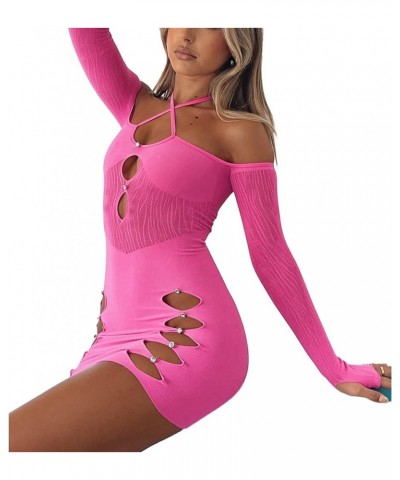 Women Sexy Halter Hollow Out Bodycon Mini Dresses Long Sleeve Off Shoulder See Through Party Skinny Short Dress Pink $8.95 Dr...