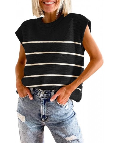 Womens Summer Sweater Vest Cap Sleeve Crew Neck Casual Loose Fit Knit Lightweight Pullover Tank Top for Spring Summer Striped...