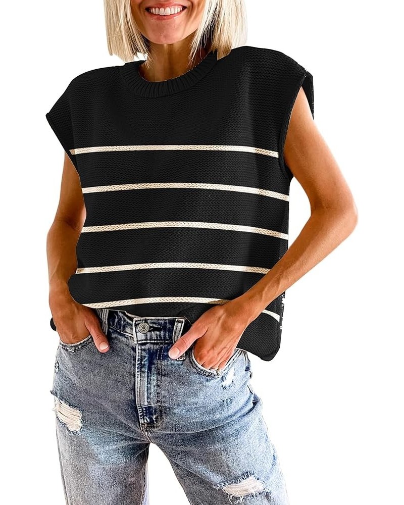 Womens Summer Sweater Vest Cap Sleeve Crew Neck Casual Loose Fit Knit Lightweight Pullover Tank Top for Spring Summer Striped...