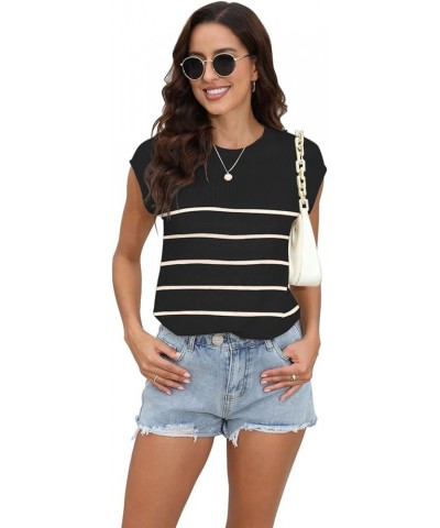 Womens Summer Sweater Vest Cap Sleeve Crew Neck Casual Loose Fit Knit Lightweight Pullover Tank Top for Spring Summer Striped...