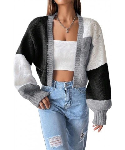 Women's Cropped Cardigan Open Front Long Sleeve Ribbed Knit Cute Sweater Color Block Black $23.51 Sweaters